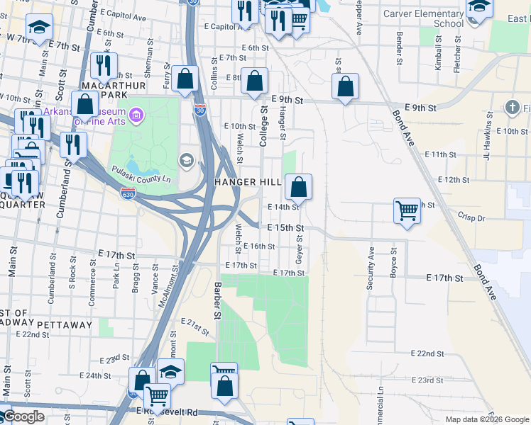 map of restaurants, bars, coffee shops, grocery stores, and more near 1401 College Street in Little Rock