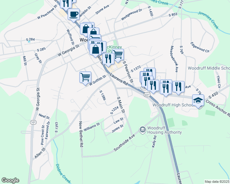 map of restaurants, bars, coffee shops, grocery stores, and more near 552 South 991 in Woodruff