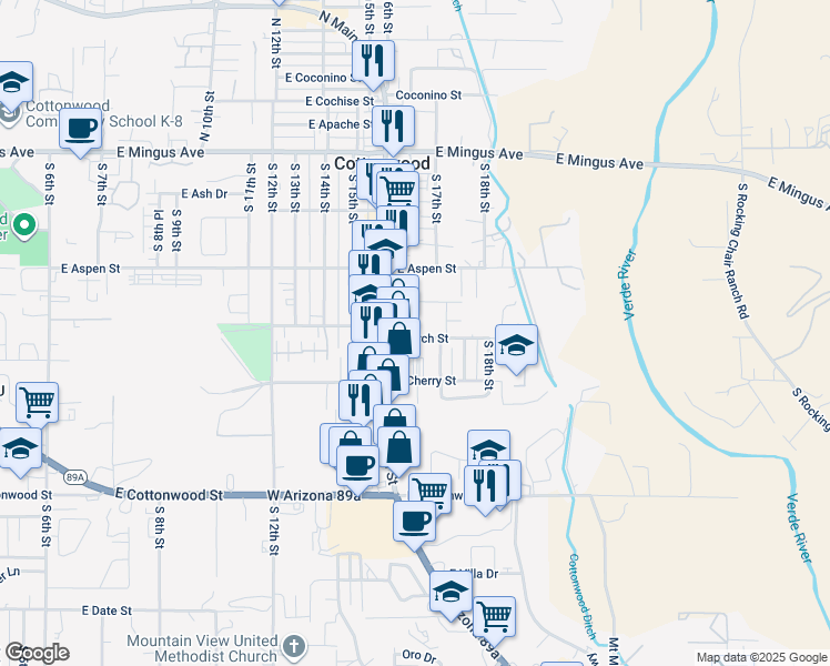 map of restaurants, bars, coffee shops, grocery stores, and more near 1644 East Birch Street in Cottonwood