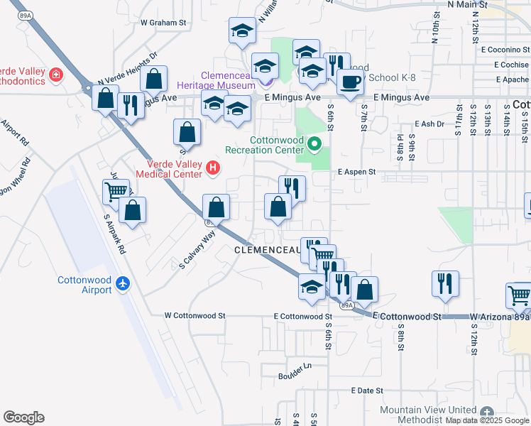 map of restaurants, bars, coffee shops, grocery stores, and more near 250 East Cherry Street in Cottonwood