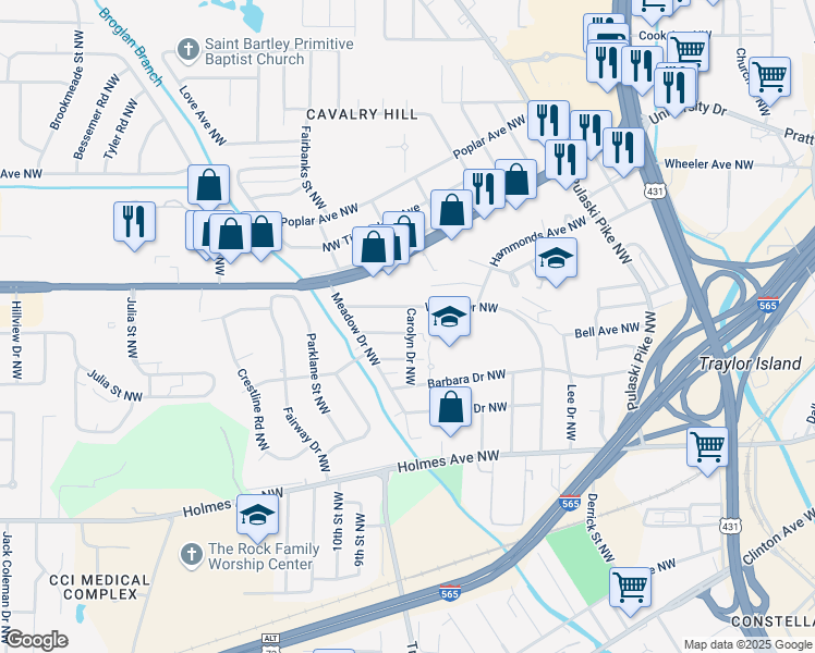 map of restaurants, bars, coffee shops, grocery stores, and more near 2909 Wilson Drive Northwest in Huntsville