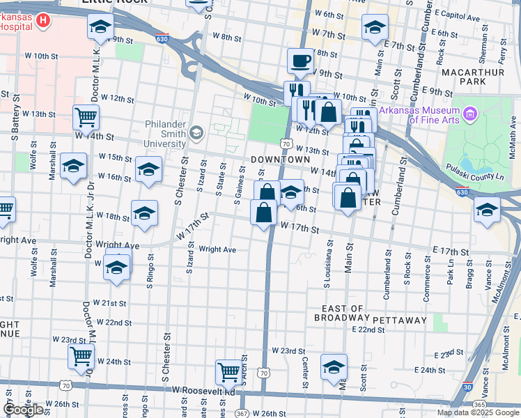 map of restaurants, bars, coffee shops, grocery stores, and more near 515 West 16th Street in Little Rock