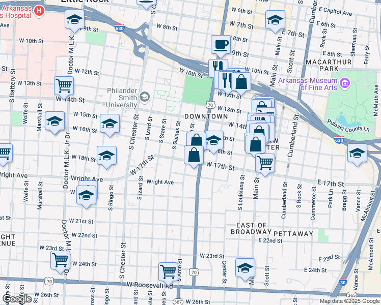 map of restaurants, bars, coffee shops, grocery stores, and more near 515 West 16th Street in Little Rock