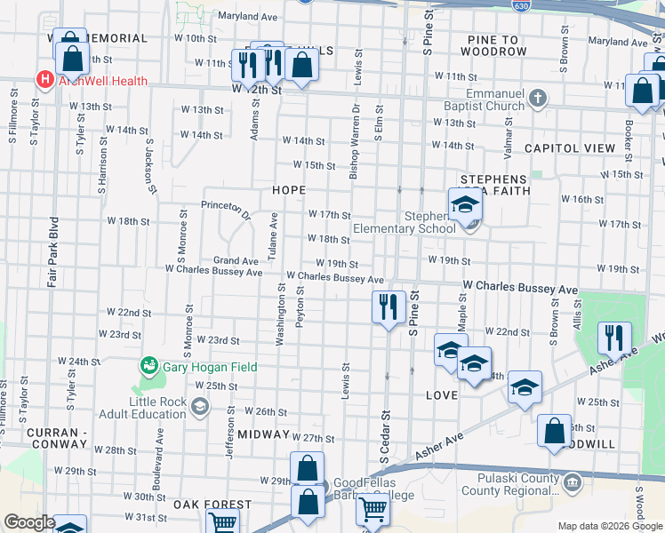 map of restaurants, bars, coffee shops, grocery stores, and more near 1824 Abigail Street in Little Rock