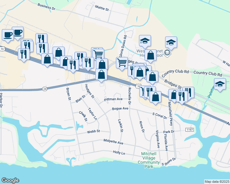 map of restaurants, bars, coffee shops, grocery stores, and more near 128 Willow Pond Drive in Morehead City