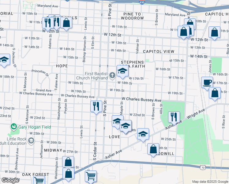 map of restaurants, bars, coffee shops, grocery stores, and more near 3801 West 19th Street in Little Rock