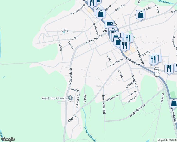 map of restaurants, bars, coffee shops, grocery stores, and more near 415 Sharp Street in Woodruff