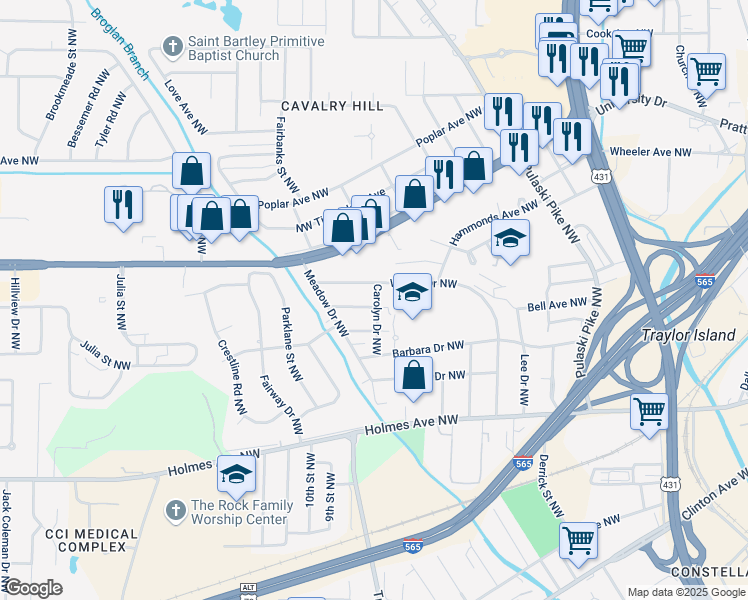 map of restaurants, bars, coffee shops, grocery stores, and more near 2909 Wilson Drive Northwest in Huntsville
