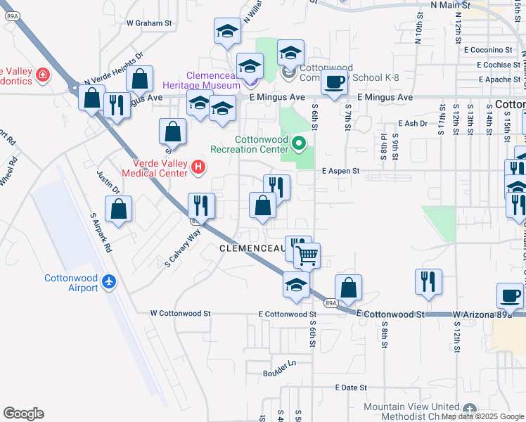 map of restaurants, bars, coffee shops, grocery stores, and more near 250 E Cherry St in Cottonwood