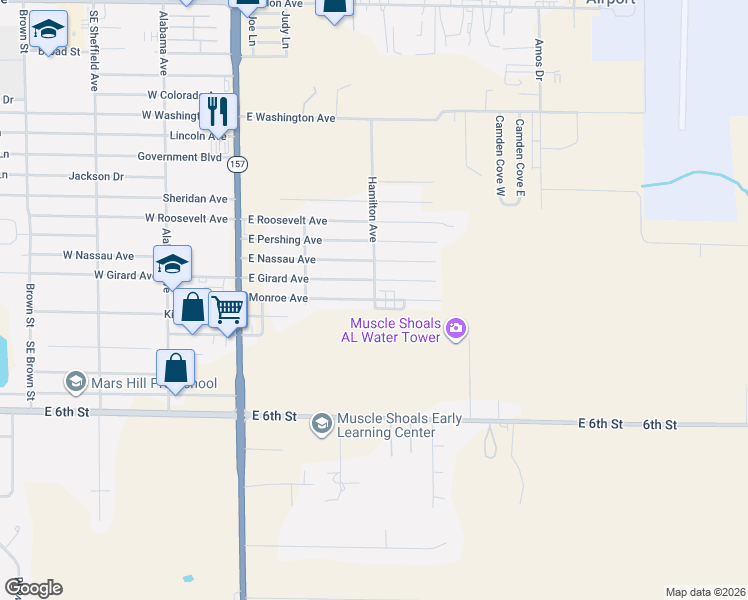 map of restaurants, bars, coffee shops, grocery stores, and more near 513 Monroe Ave in Muscle Shoals