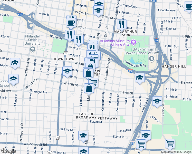 map of restaurants, bars, coffee shops, grocery stores, and more near 1508 Scott Street in Little Rock