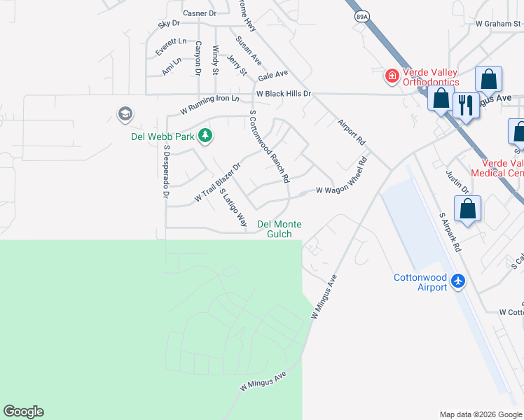 map of restaurants, bars, coffee shops, grocery stores, and more near 1845 West Wagon Wheel Road in Cottonwood
