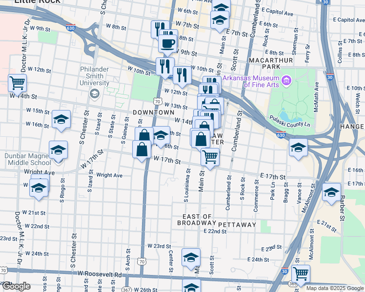 map of restaurants, bars, coffee shops, grocery stores, and more near 224 W 16th St in Little Rock