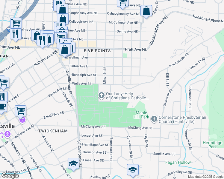 map of restaurants, bars, coffee shops, grocery stores, and more near 309 Cambridge Street Southeast in Huntsville