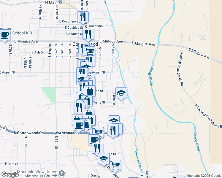 map of restaurants, bars, coffee shops, grocery stores, and more near 1780 East Birch Street in Cottonwood