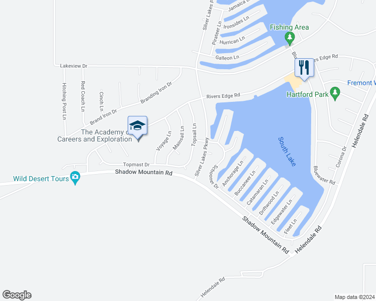 map of restaurants, bars, coffee shops, grocery stores, and more near 26534 Topsail Lane in Helendale