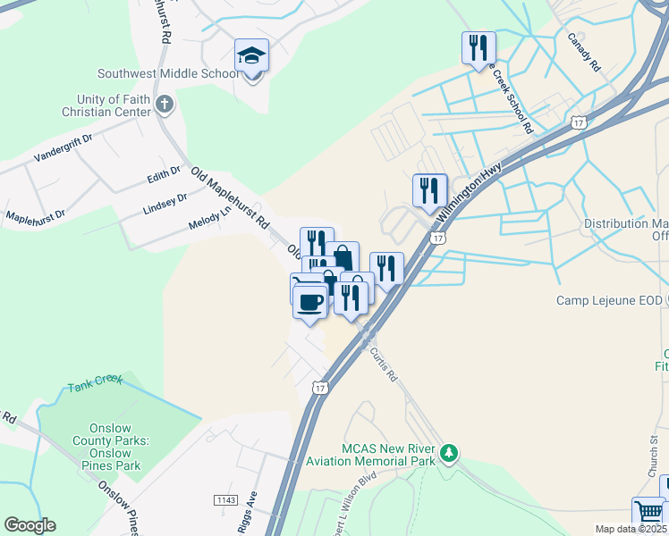 map of restaurants, bars, coffee shops, grocery stores, and more near 1134 Old Maplehurst Road in Jacksonville