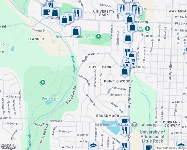 map of restaurants, bars, coffee shops, grocery stores, and more near 90 Broadmoor Drive in Little Rock