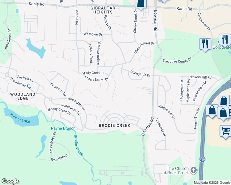 map of restaurants, bars, coffee shops, grocery stores, and more near 2209 Stoney Creek Drive in Little Rock