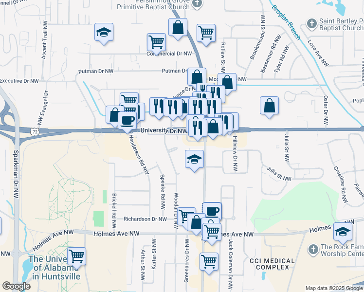 map of restaurants, bars, coffee shops, grocery stores, and more near 1106 Woodall Circle in Huntsville