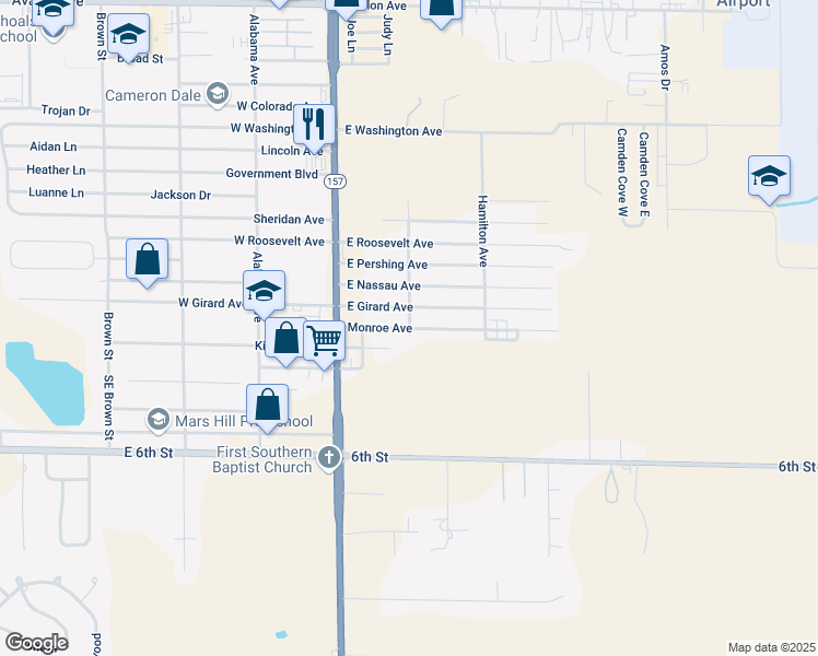 map of restaurants, bars, coffee shops, grocery stores, and more near 499 Monroe Avenue in Muscle Shoals