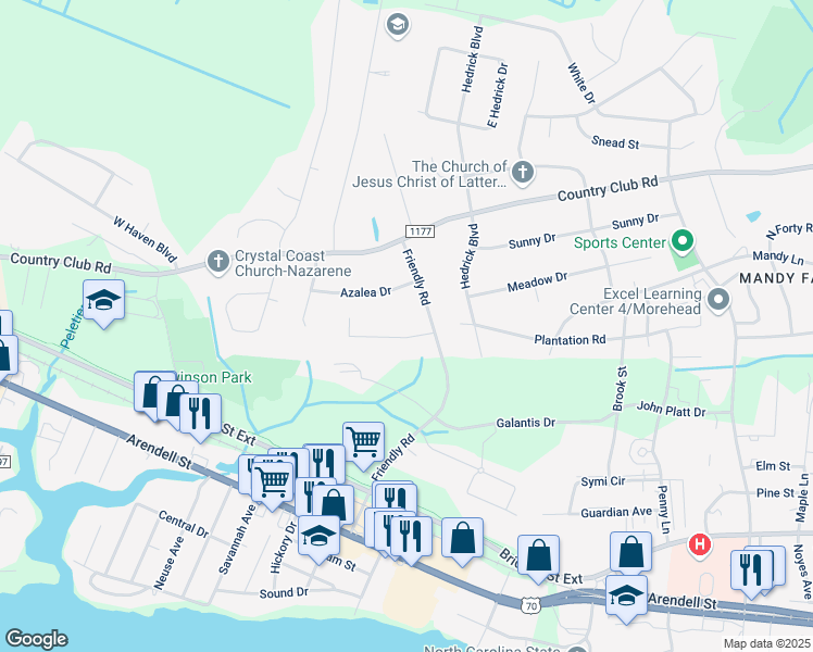 map of restaurants, bars, coffee shops, grocery stores, and more near 4104 Plantation Road in Morehead City