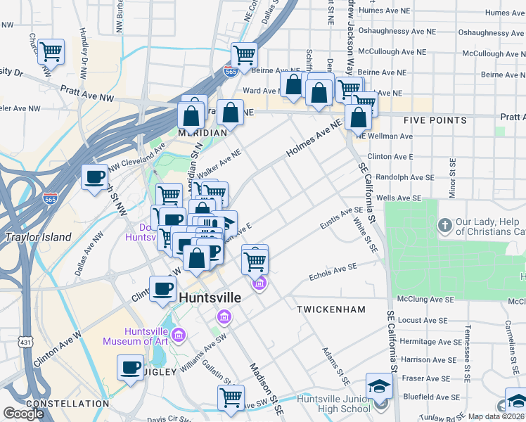 map of restaurants, bars, coffee shops, grocery stores, and more near 501 Clinton Avenue East in Huntsville