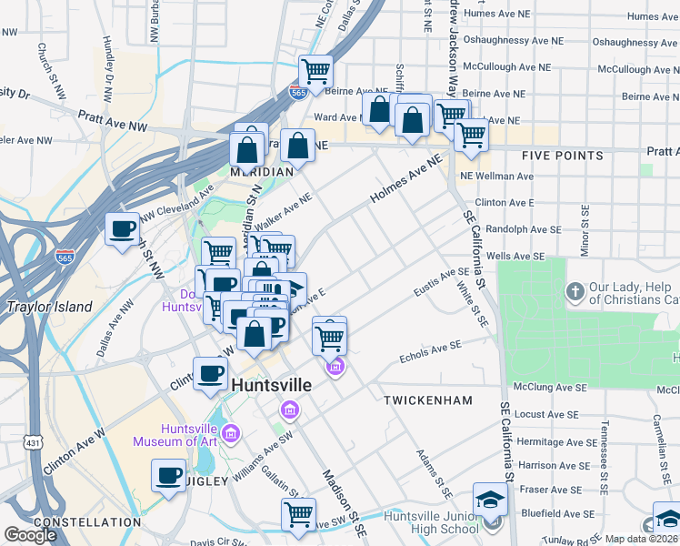 map of restaurants, bars, coffee shops, grocery stores, and more near 501 Clinton Avenue East in Huntsville