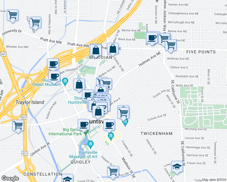 map of restaurants, bars, coffee shops, grocery stores, and more near 120 Lincoln Street Southeast in Huntsville