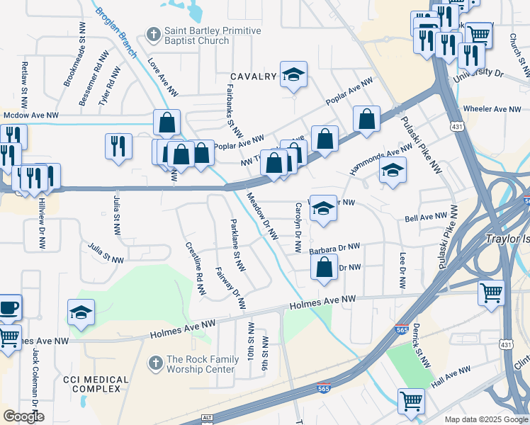 map of restaurants, bars, coffee shops, grocery stores, and more near 1208 Meadow Drive Northwest in Huntsville