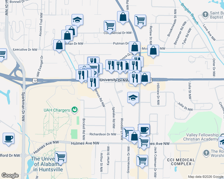 map of restaurants, bars, coffee shops, grocery stores, and more near 1203 Woodall Lane Northwest in Huntsville