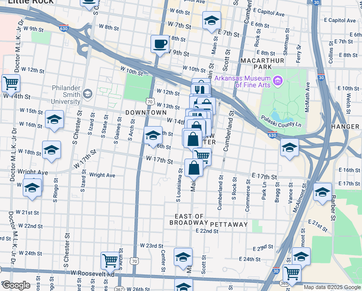 map of restaurants, bars, coffee shops, grocery stores, and more near 1515 South Louisiana Street in Little Rock