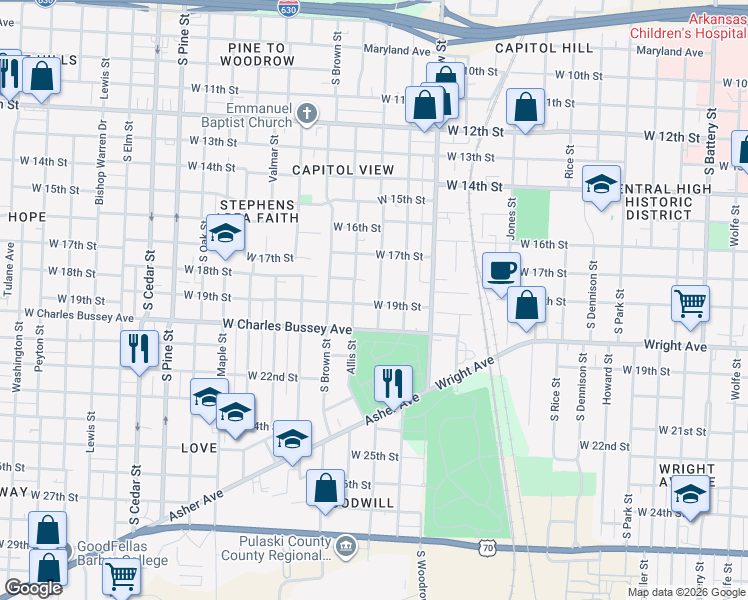 map of restaurants, bars, coffee shops, grocery stores, and more near 1820 Johnson Street in Little Rock
