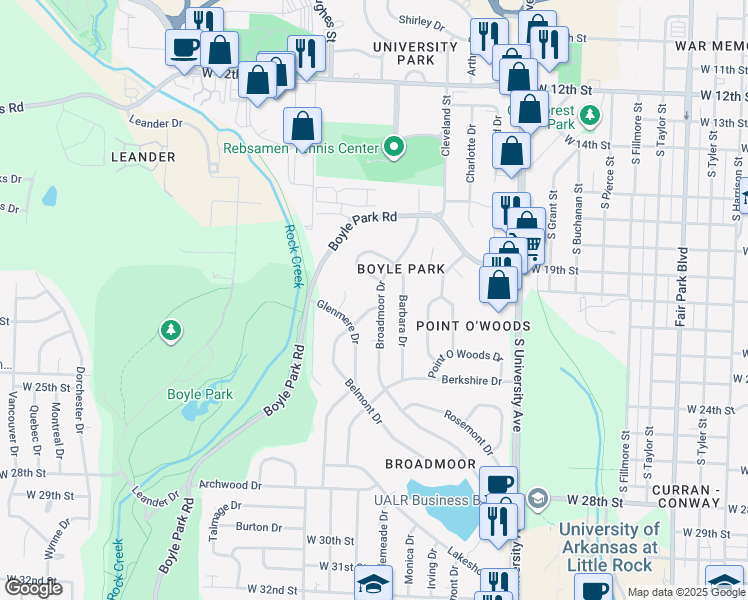 map of restaurants, bars, coffee shops, grocery stores, and more near 90 Broadmoor Drive in Little Rock