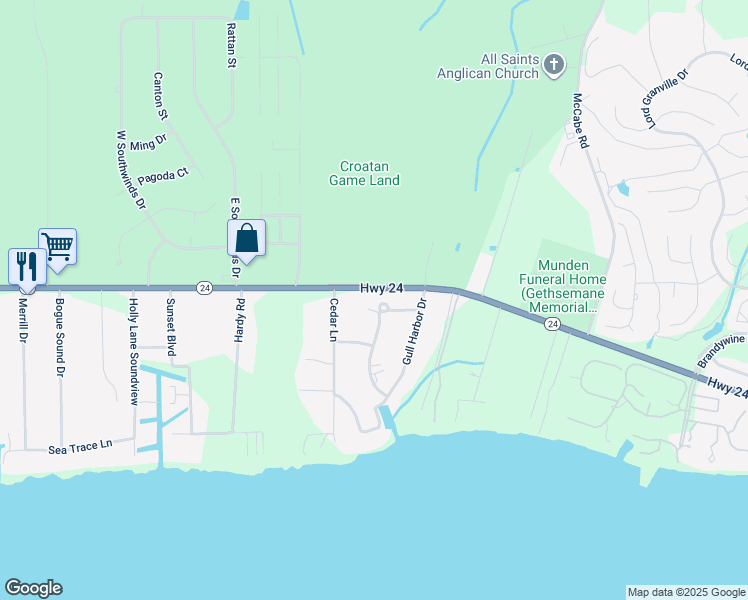 map of restaurants, bars, coffee shops, grocery stores, and more near 102 Sandpiper Court in Newport