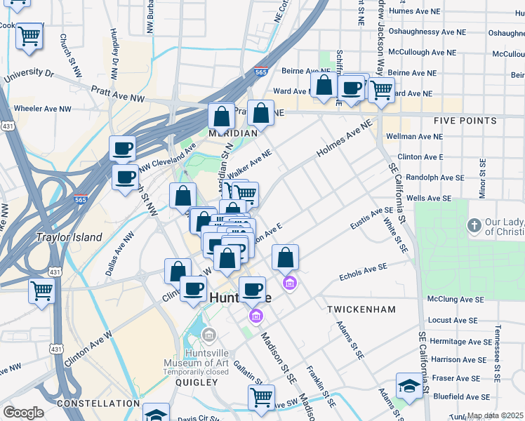 map of restaurants, bars, coffee shops, grocery stores, and more near 120 Lincoln Street Southeast in Huntsville