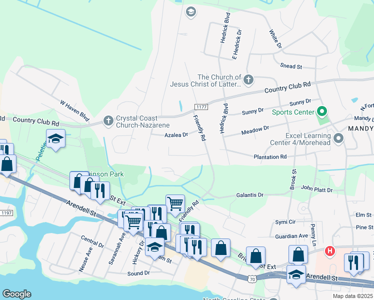 map of restaurants, bars, coffee shops, grocery stores, and more near 4104 Plantation Road in Morehead City