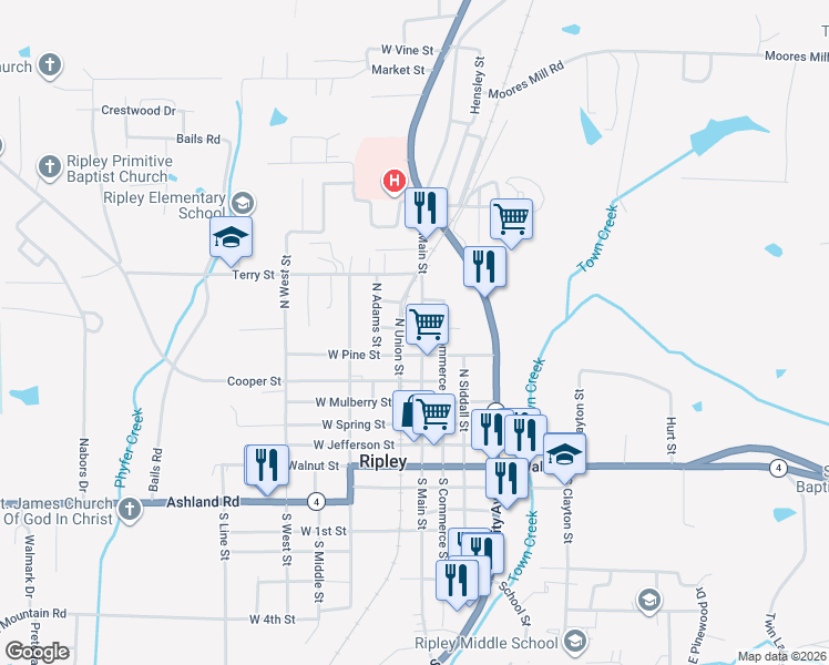map of restaurants, bars, coffee shops, grocery stores, and more near 501-599 North Union Street in Ripley