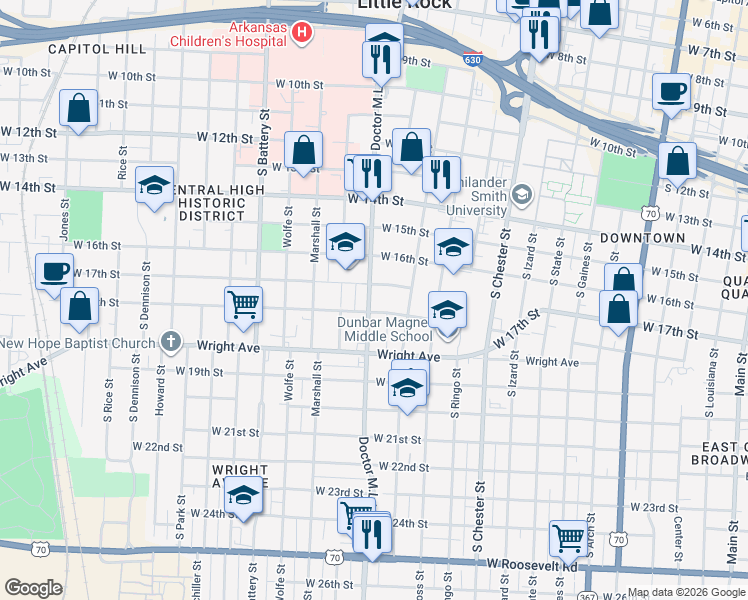 map of restaurants, bars, coffee shops, grocery stores, and more near 1709 Doctor Martin Luther King Junior Drive in Little Rock