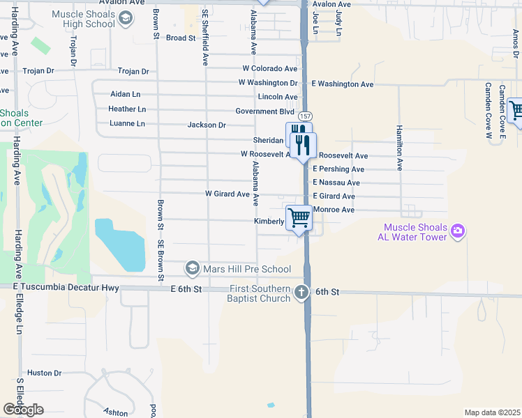 map of restaurants, bars, coffee shops, grocery stores, and more near 3201 Alabama Avenue in Muscle Shoals