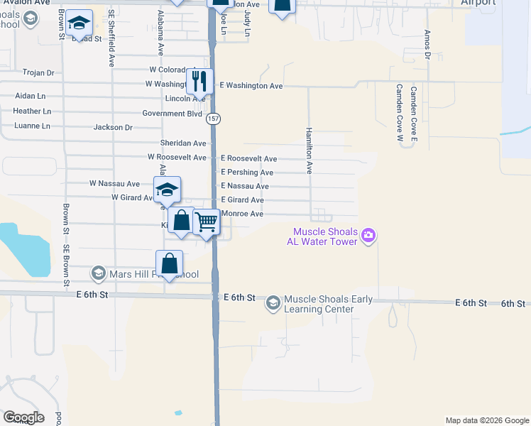 map of restaurants, bars, coffee shops, grocery stores, and more near 301 Franklin Street in Muscle Shoals