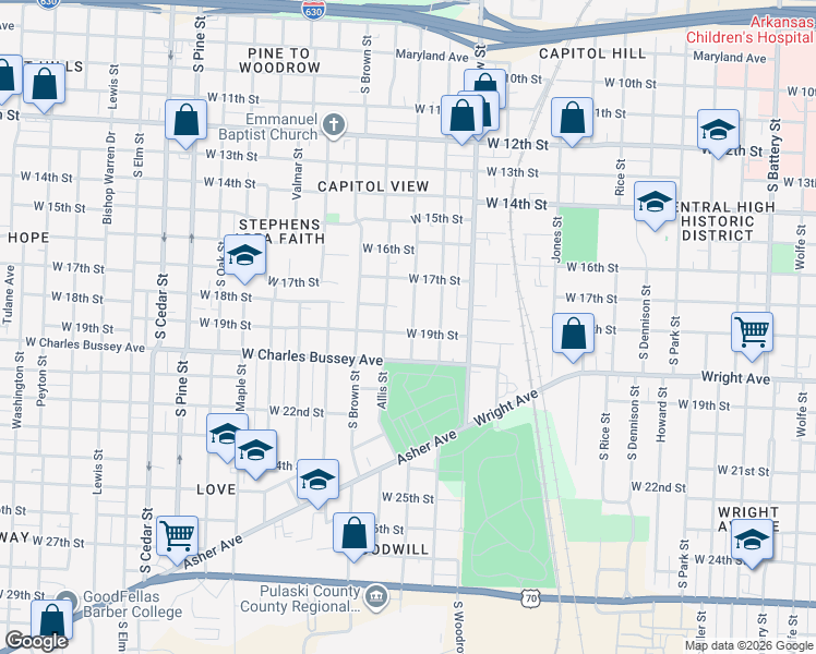 map of restaurants, bars, coffee shops, grocery stores, and more near 1820 Johnson Street in Little Rock