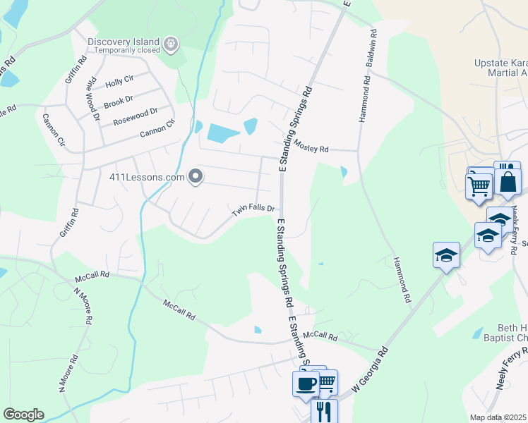 map of restaurants, bars, coffee shops, grocery stores, and more near 9 Twin Falls Drive in Simpsonville