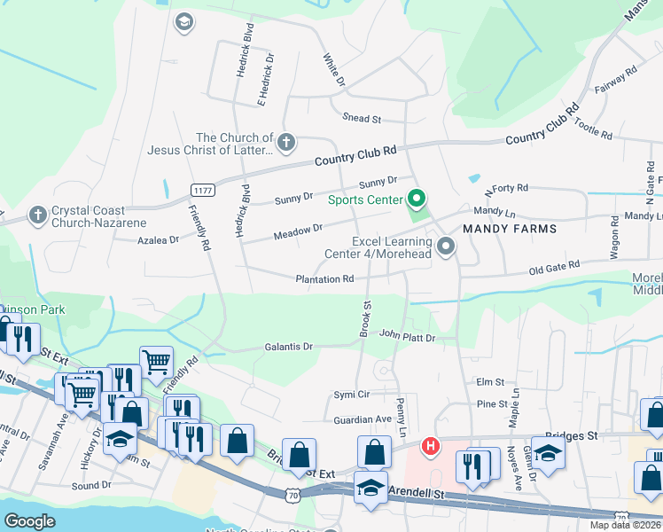 map of restaurants, bars, coffee shops, grocery stores, and more near 3602 Plantation Road in Morehead City