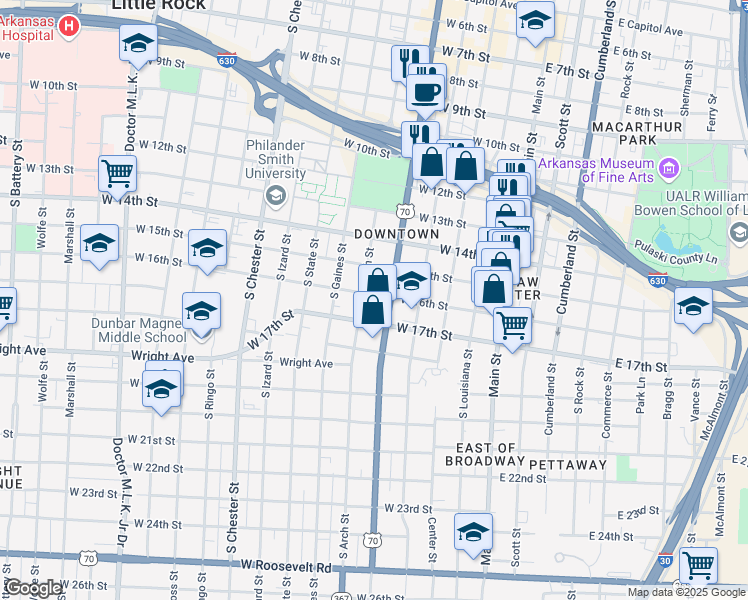 map of restaurants, bars, coffee shops, grocery stores, and more near 515 West 16th Street in Little Rock