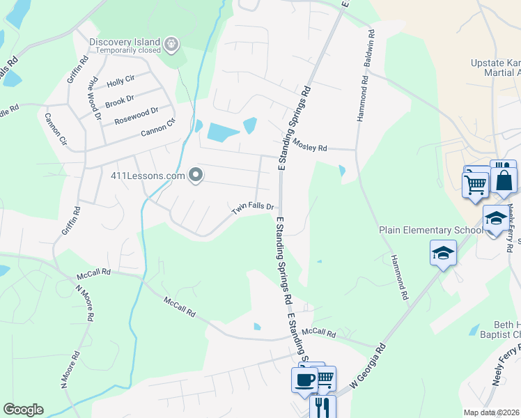 map of restaurants, bars, coffee shops, grocery stores, and more near 11 Twin Falls Drive in Simpsonville