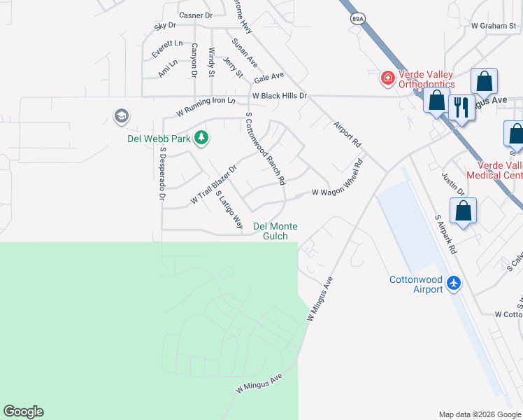 map of restaurants, bars, coffee shops, grocery stores, and more near 1845 West Wagon Wheel Road in Cottonwood