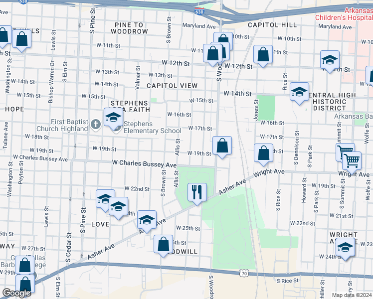 map of restaurants, bars, coffee shops, grocery stores, and more near 1820 Johnson Street in Little Rock
