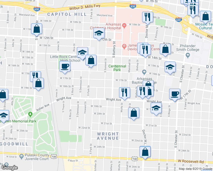 map of restaurants, bars, coffee shops, grocery stores, and more near 1717 South Summit Street in Little Rock
