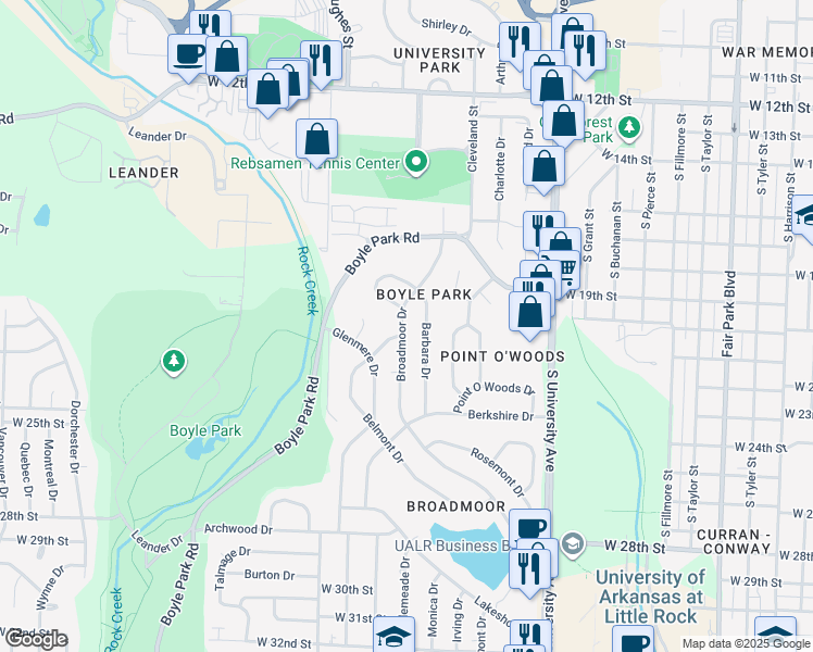 map of restaurants, bars, coffee shops, grocery stores, and more near 90 Broadmoor Drive in Little Rock